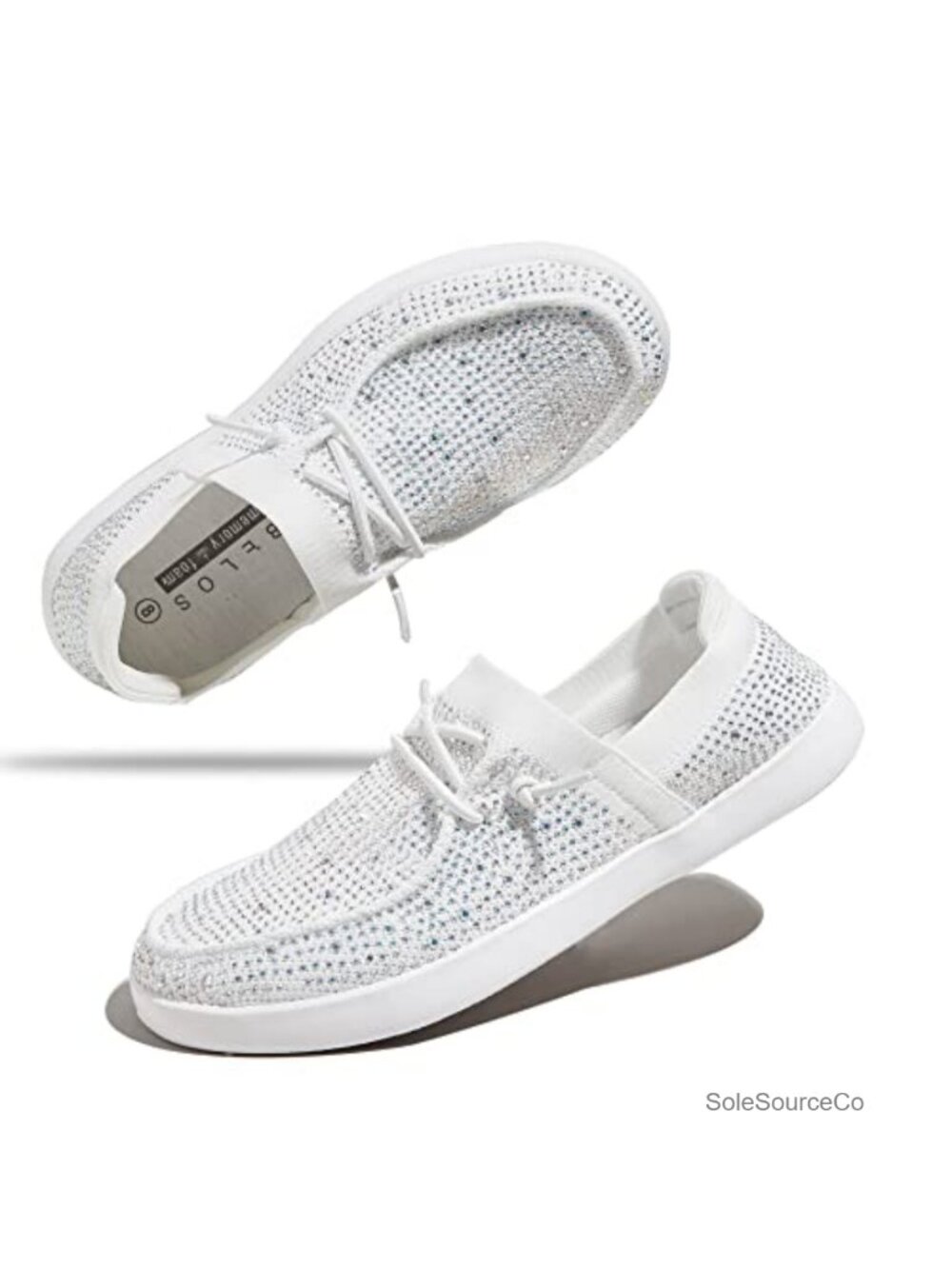 BELOS Women's Rhinestone Lace Up Loafers Mesh Knit Slip-On Walking Shoes